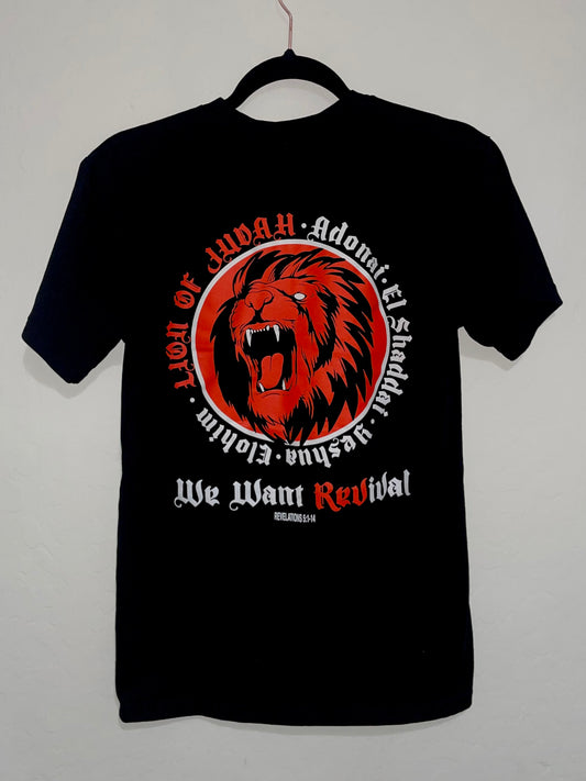 Red and white graphics on black t-shirt. Front: Revival Conference 2024
Back: Lion of Judah 
Round logo of a roaring lion. 