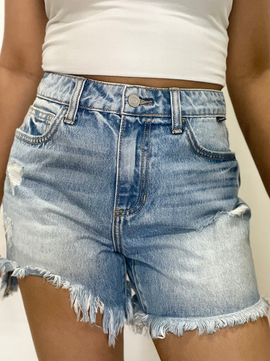 Distressed shorts with an uneven hem. High rise mom-fit. Non-stretchy material. True to size fit. Medium wash with a faded and lighter look on some areas. 