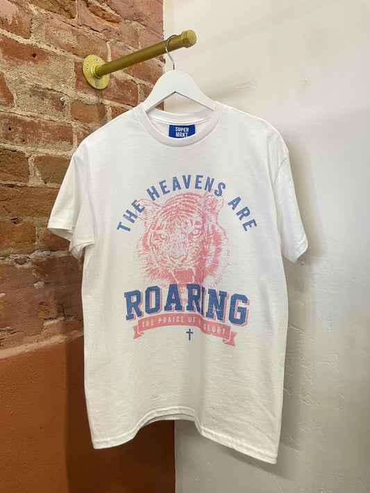 The heavens are roaring the praise of his glory. Roaring tiger. Pink and blue graphic tee. 
Oversized for. Front graphic. 